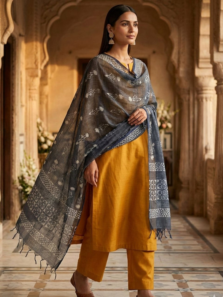 Mughal Floral Printed Indigo Hand Block Printed Pure Kota Doria Dupatta