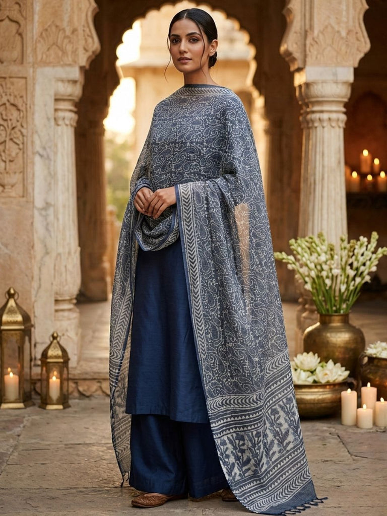 Paisley Printed Indigo Hand Block Printed Pure Kota Doria Dupatta