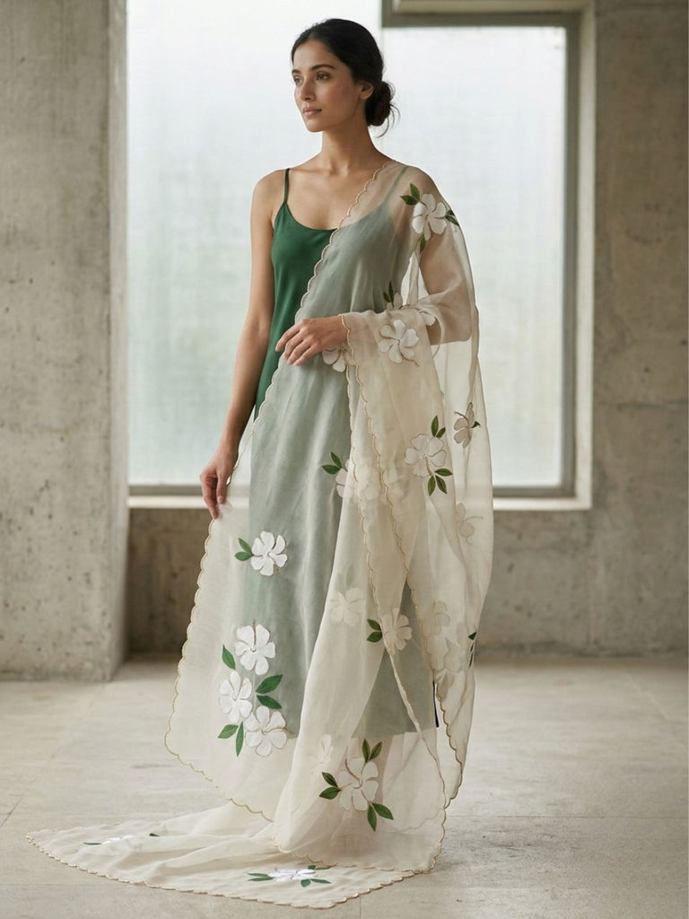 White & Green Flower Hand Painted White Organza Dupatta with Scalloped Edges
