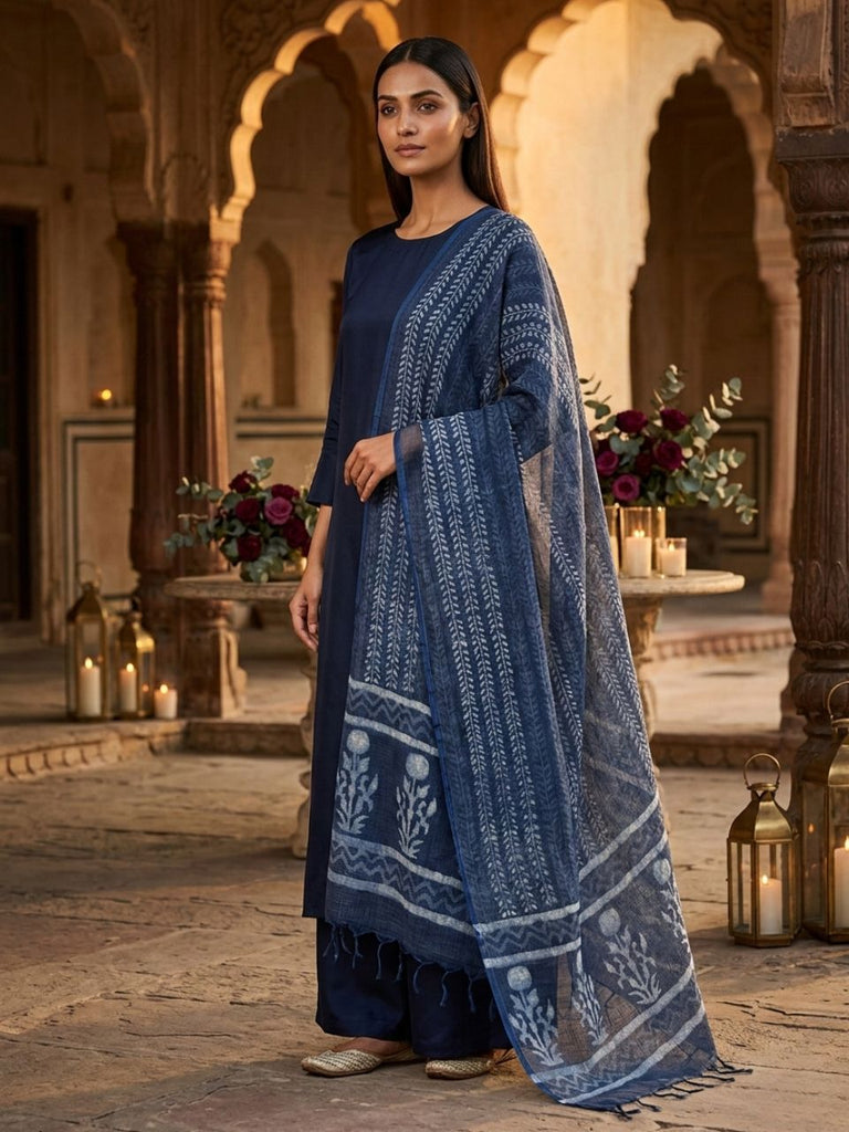 Floral Printed Indigo Hand Block Printed Pure Kota Doria Dupatta