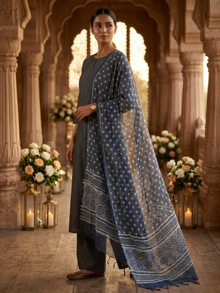 Ethnic Polka Printed Indigo Hand Block Printed Pure Kota Doria Dupatta