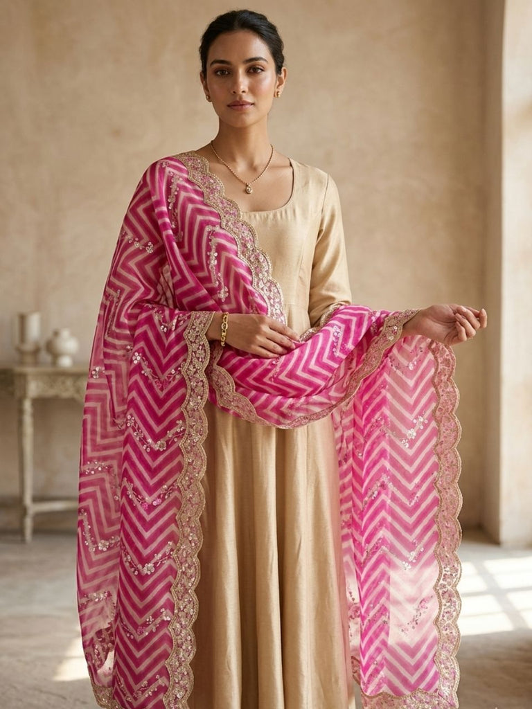 Leharia Printed & Embroidered Pink Georgette Dupatta with Embellished Border