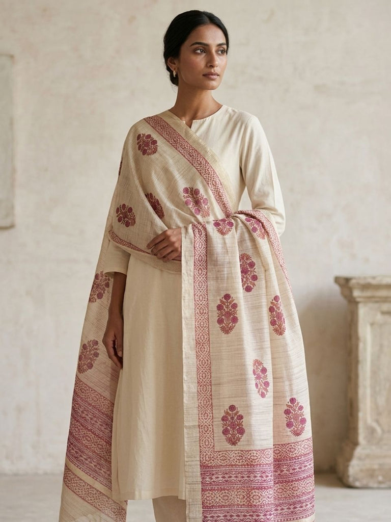 Pink Hand Mughal Block Printed Chanderi Dupatta