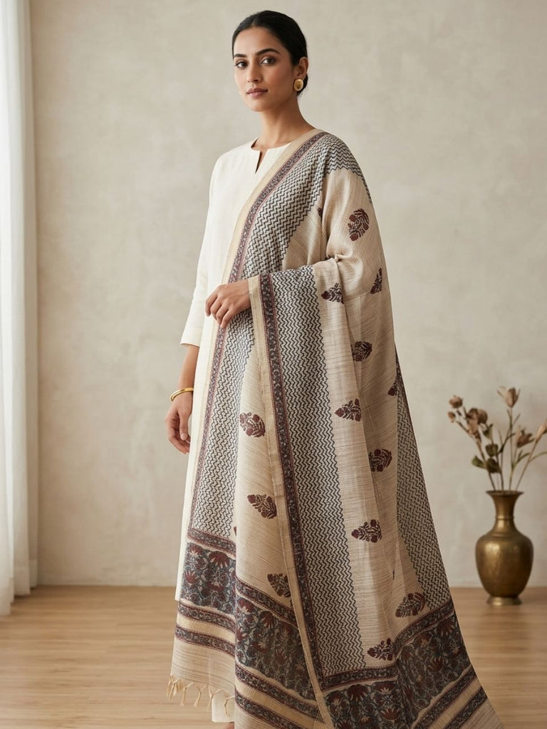 Teal & Brown Hand Mughal Block Printed Chanderi Dupatta