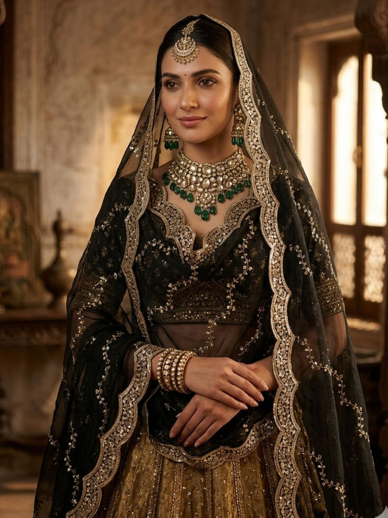 Black Embroidered Georgette Dupatta with Scalloped Embellished Border