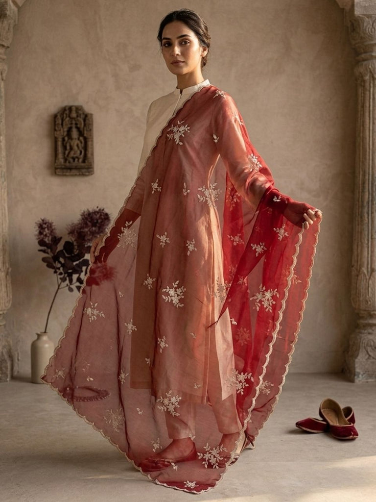 Maroon Organza Motif Embroidered Dupatta
