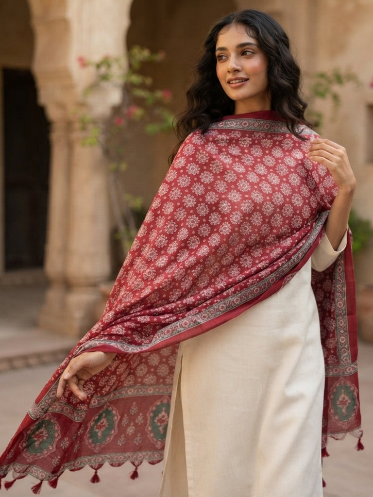 Maroon Floral Printed Art Silk Dupatta