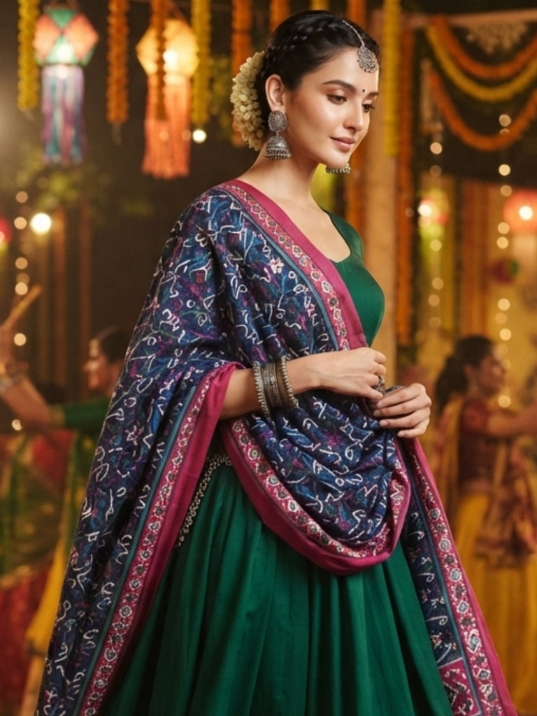 Teal & Pink Printed Art Silk Dupatta