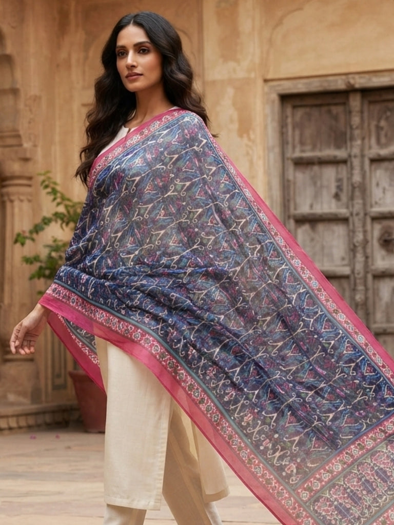 Teal & Pink Printed Art Silk Dupatta