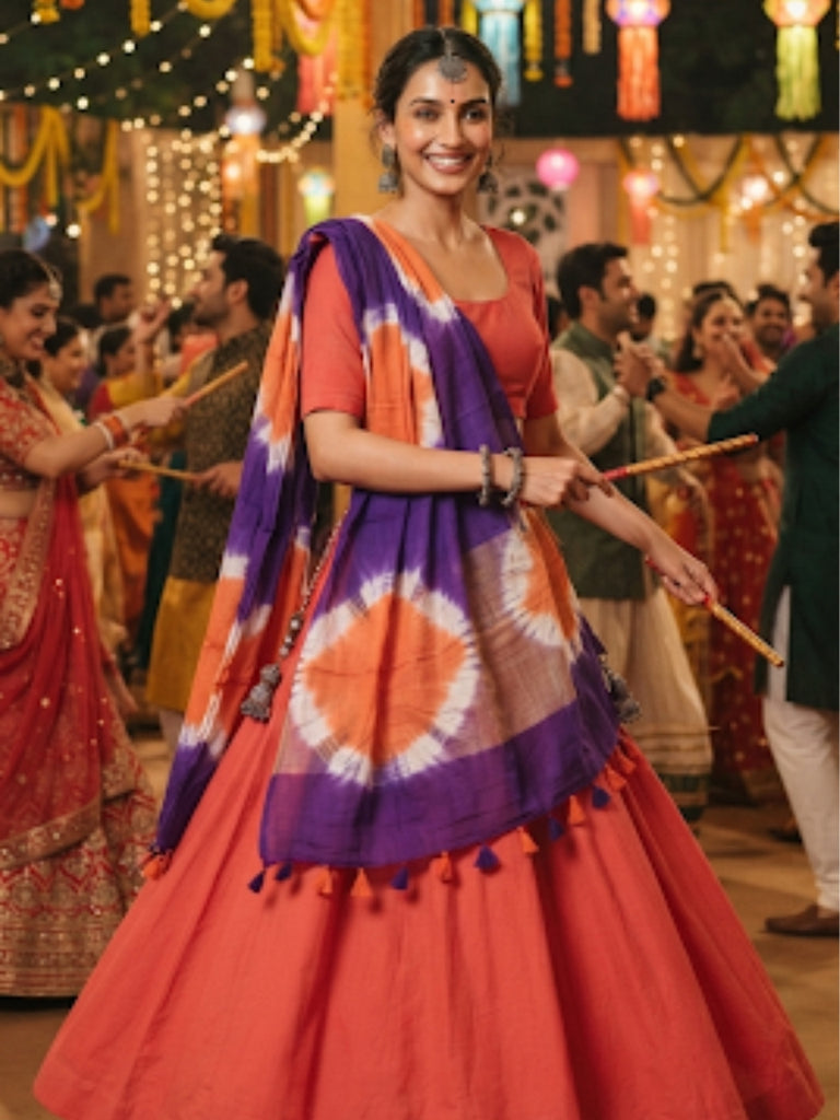 Purple & Orange linen Shiborii Dupatta with Organza Border and Tassels
