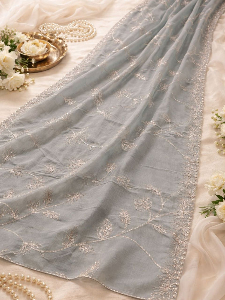 Gotta Ribbon Embroidered Poly Organza Cyan Dupatta