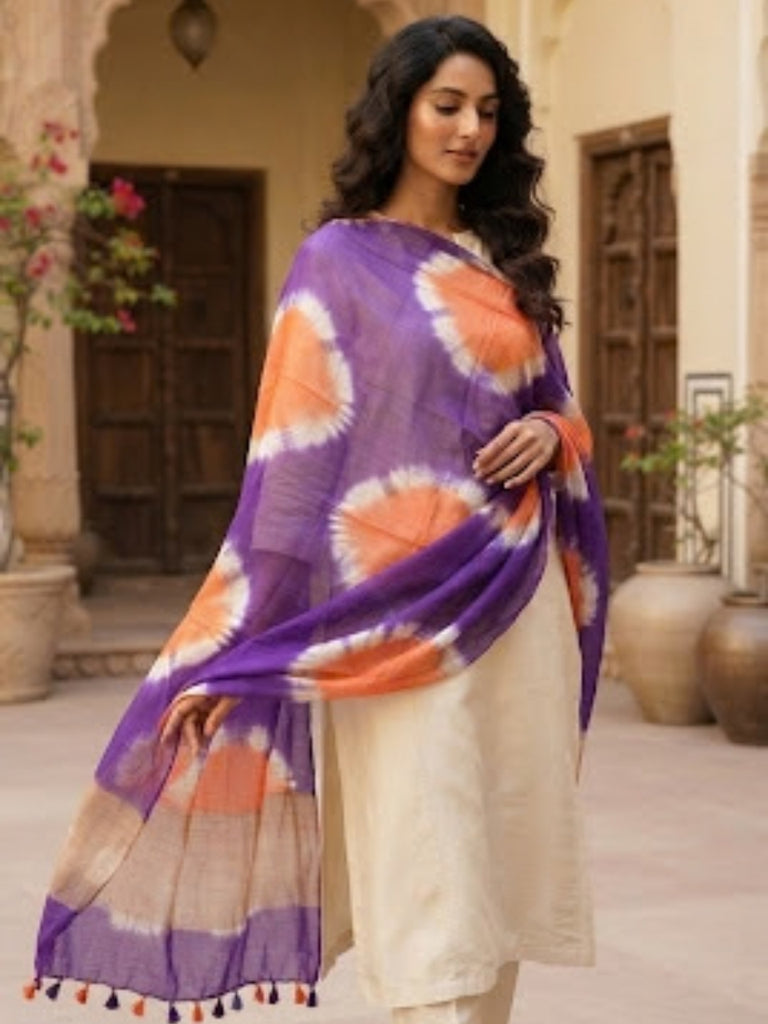 Purple & Orange linen Shiborii Dupatta with Organza Border and Tassels