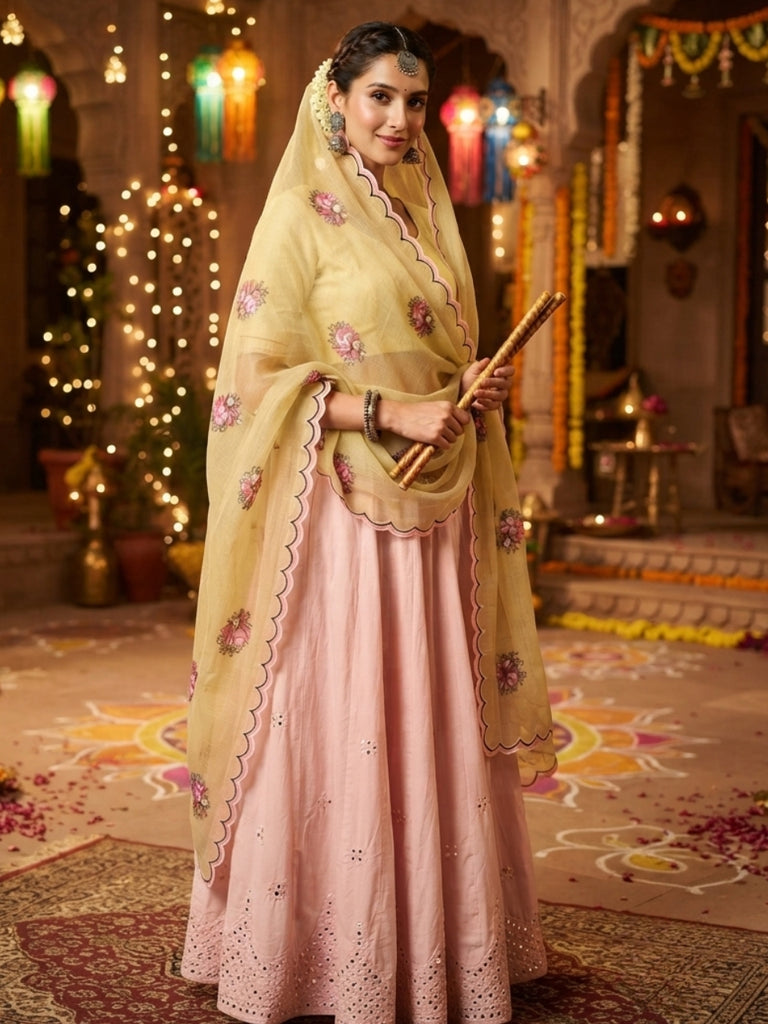 Light Yellow Embroidered Pure Kota Cotton Dupatta with Scallops