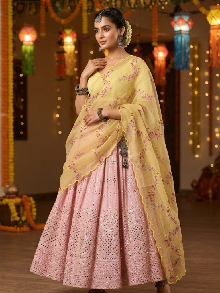 Light Yellow Embroidered Pure Kota Cotton Dupatta with Scallops