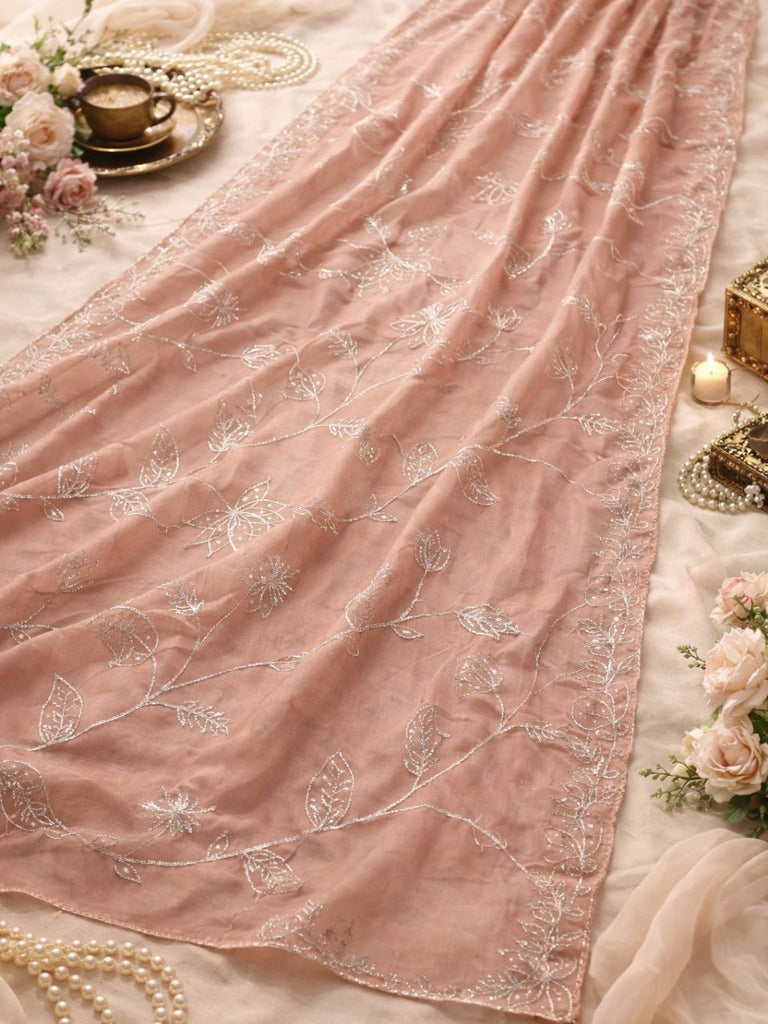 Gotta Ribbon Embroidered Poly Organza Blush Pink Dupatta