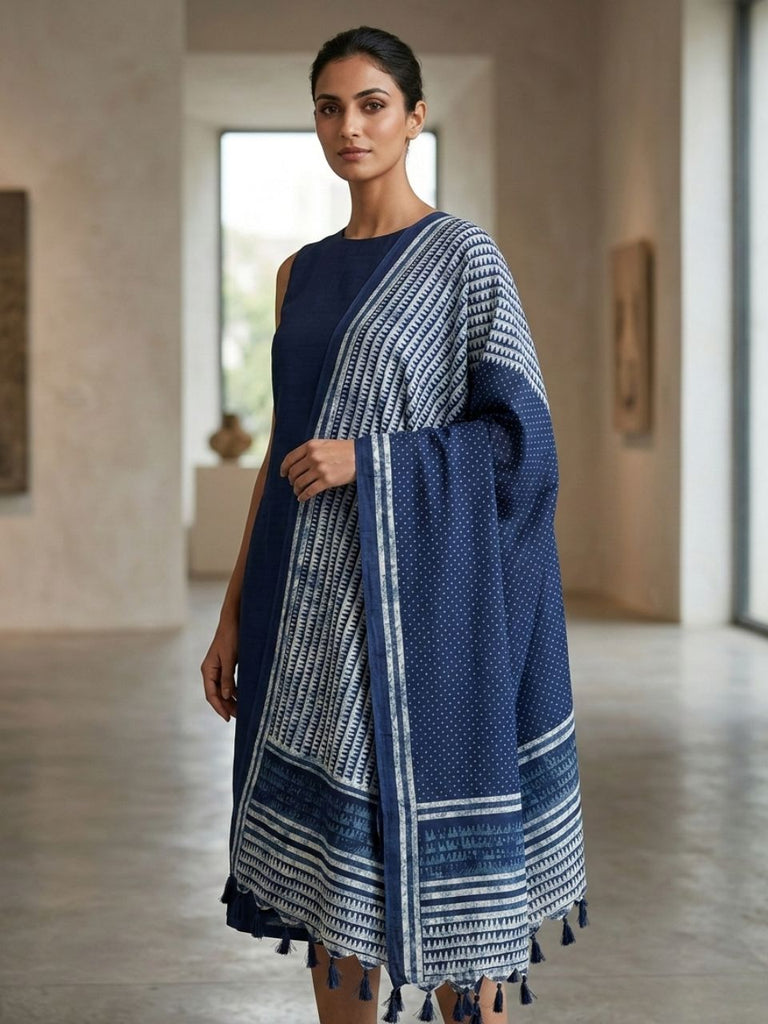 Ethnic Printed Indigo & White Art Silk Dupatta