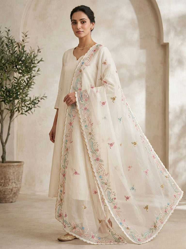 White & Multi Colour Embroidered Organza Dupatta