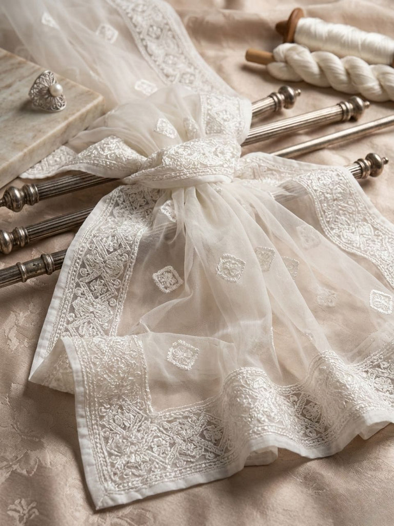 Sequinned & Embellished Salma Sitara White Organza Dupatta