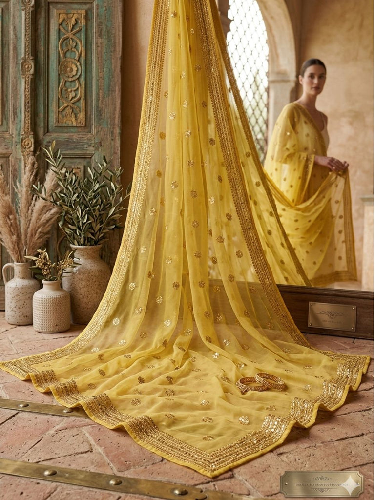 Sequinned & Embellished Salma Sitara Yellow Organza Dupatta