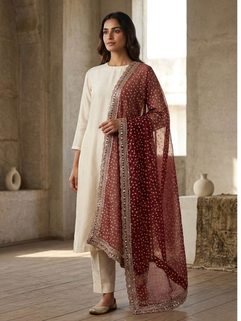 Bandhini Printed & Embroidered Brown Shimmer Chinnon Dupatta with Embellished Border