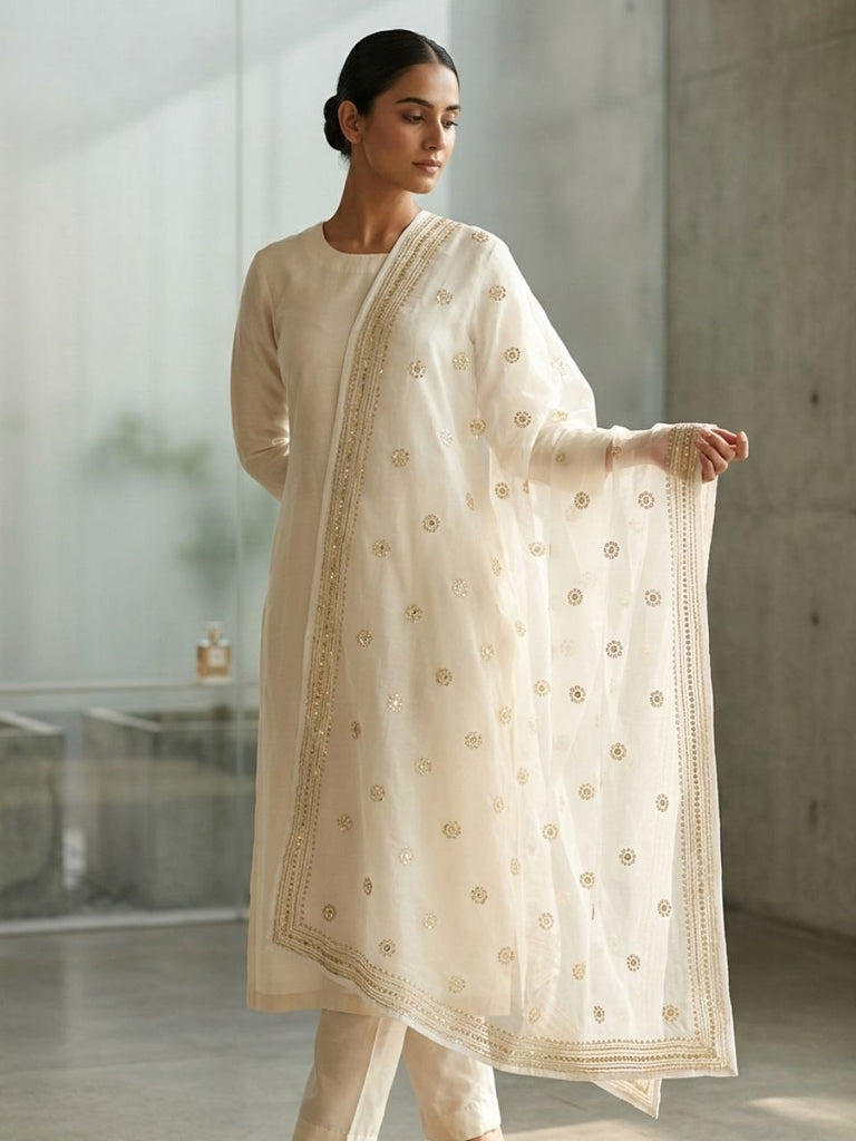 Sequinned & Embellished Salma Sitara White Organza Dupatta