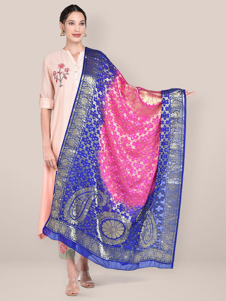 Blue & Rani Banarasi Bandhej Gharchola Silk Dupatta freeshipping - Dupatta Bazaar