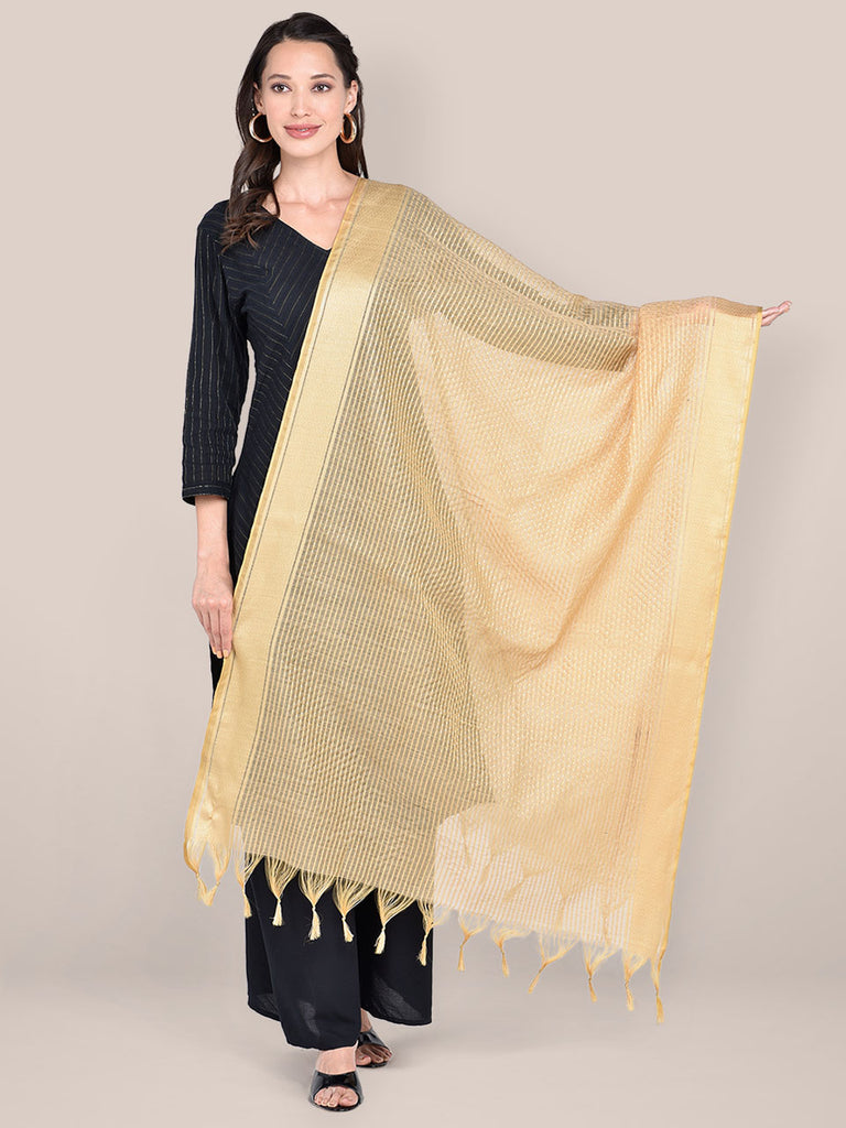 Woven Gold & White Striped Cotton Chanderi Dupatta freeshipping - Dupatta Bazaar