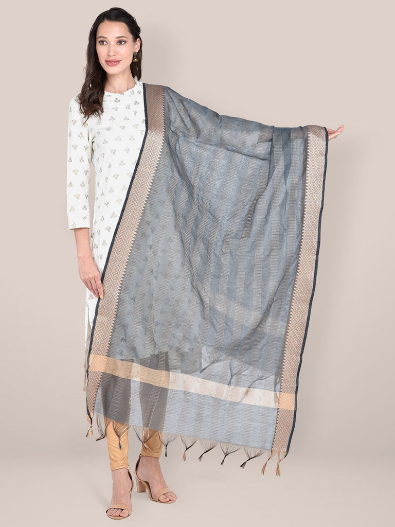 Woven Brown & Biege Striped Cotton Chanderi Dupatta freeshipping - Dupatta Bazaar