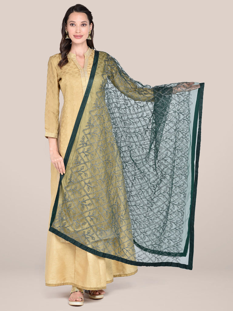 Bottle Green Embellished Net Dupatta freeshipping - Dupatta Bazaar