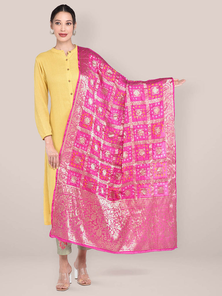Pink Banarasi Bandhej Gharchola Silk Dupatta freeshipping - Dupatta Bazaar