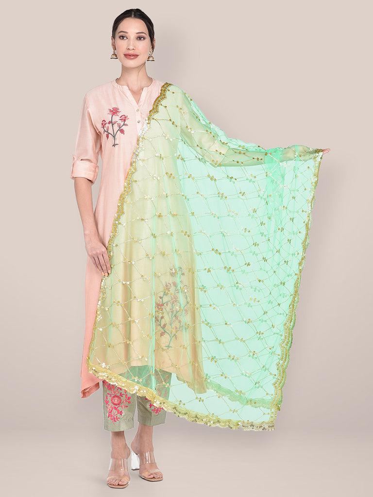 Sea Green Embellished Net Dupatta with Scalloped Border freeshipping - Dupatta Bazaar