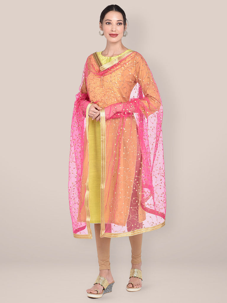 Rani Pink & Gold Embroidered Net Dupatta freeshipping - Dupatta Bazaar
