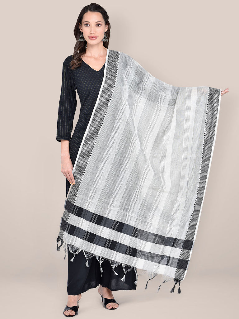 Women's Woven Off White, Black & Grey Cotton Chanderi Dupatta freeshipping - Dupatta Bazaar