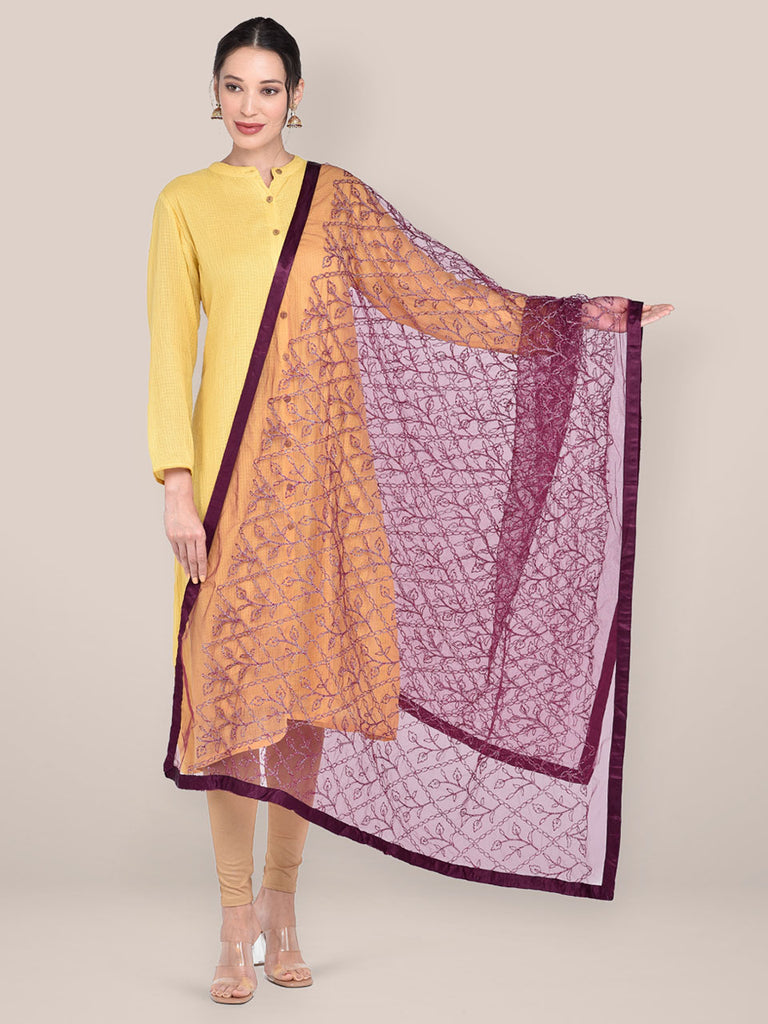 Women's Wine Embellished Net Dupatta freeshipping - Dupatta Bazaar