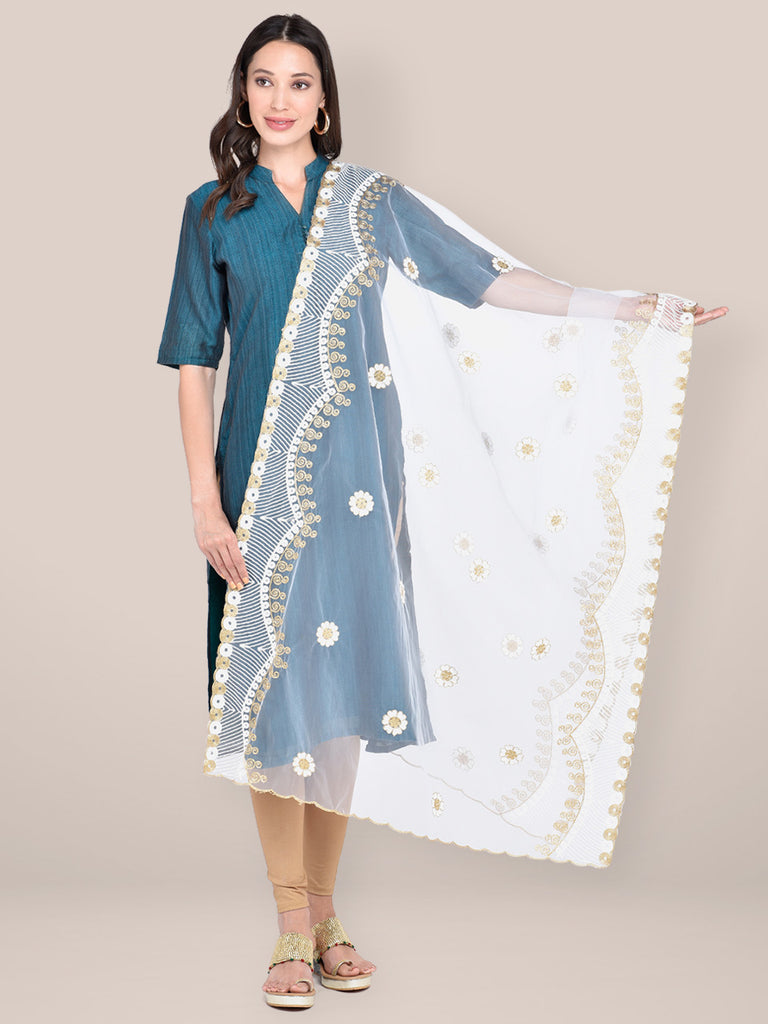 White & Gold Dupatta with Embroidery freeshipping - Dupatta Bazaar