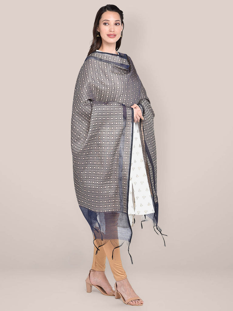 Woven Ink Blue & Beige Cotton Chanderi Dupatta freeshipping - Dupatta Bazaar