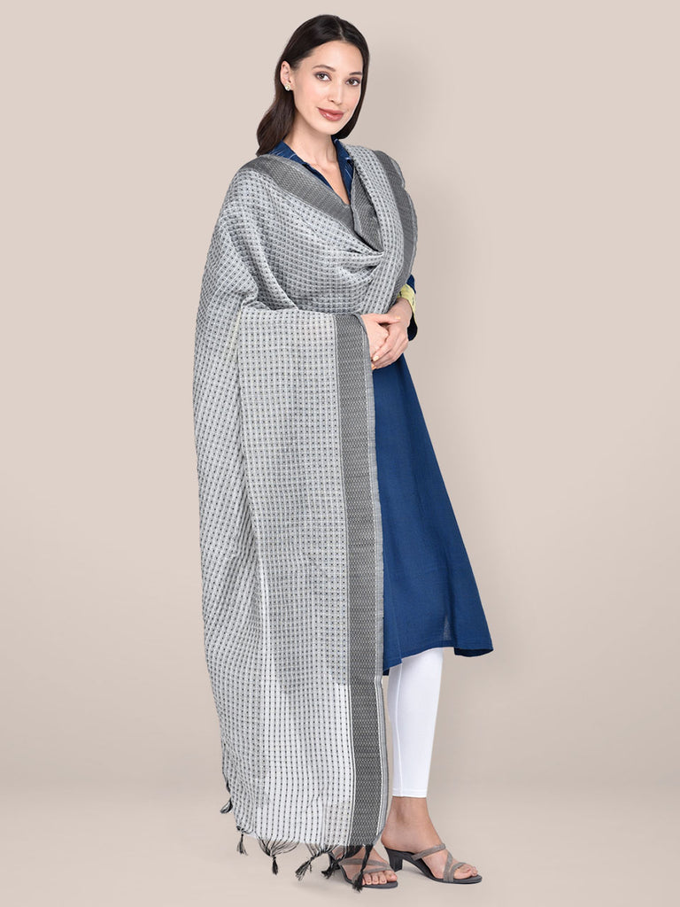 Woven Grey & Black Striped Cotton Chanderi Dupatta freeshipping - Dupatta Bazaar