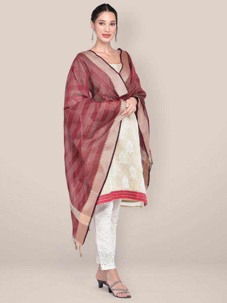 Woven Maroon & Beige Striped Cotton Chanderi Dupatta freeshipping - Dupatta Bazaar