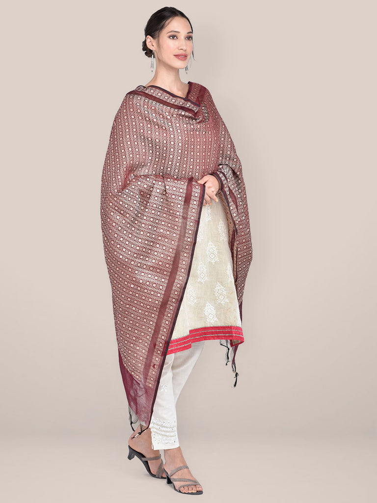 Woven Maroon & Beige Cotton Chanderi Dupatta freeshipping - Dupatta Bazaar