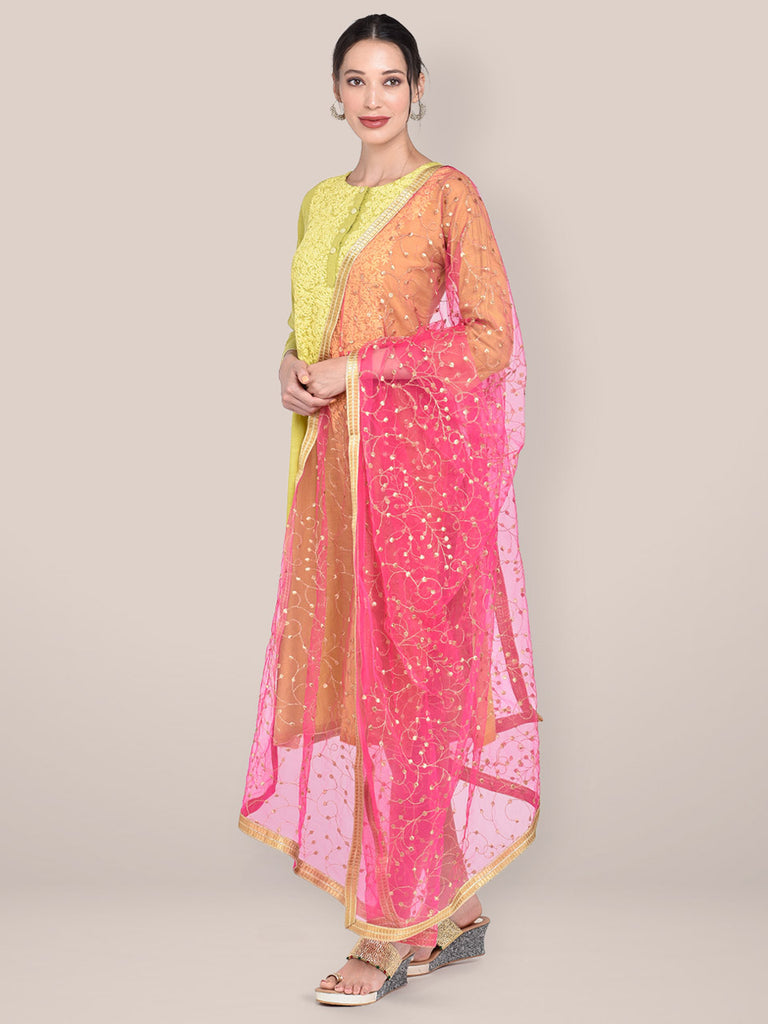 Rani Pink & Gold Embroidered Net Dupatta Dupatta Bazaar