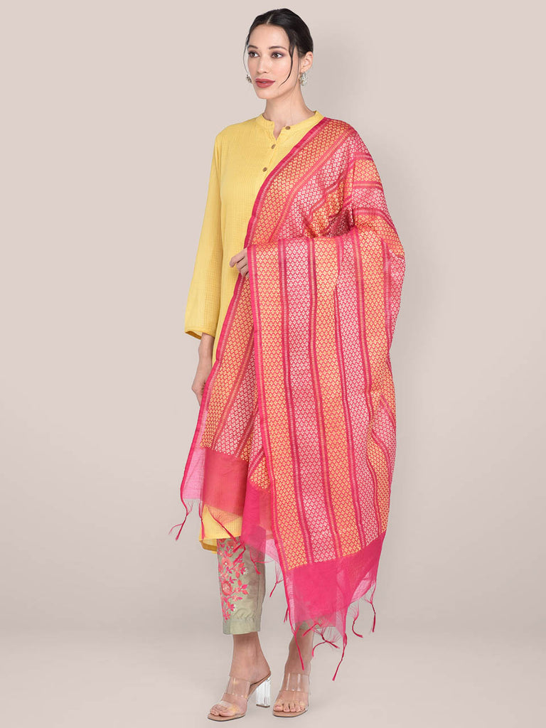 Woven Rani Pink & Yellow Striped Cotton Chanderi Dupatta. freeshipping - Dupatta Bazaar