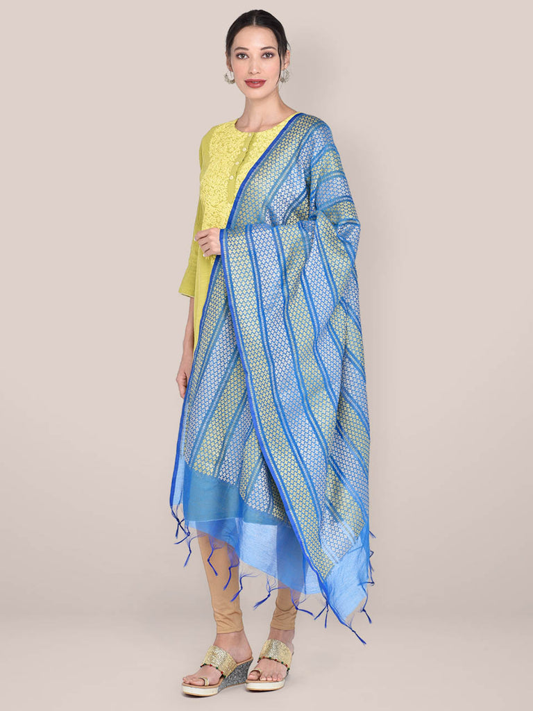 Woven Turquoise Blue & Yellow Striped Cotton Chanderi Dupatta. freeshipping - Dupatta Bazaar