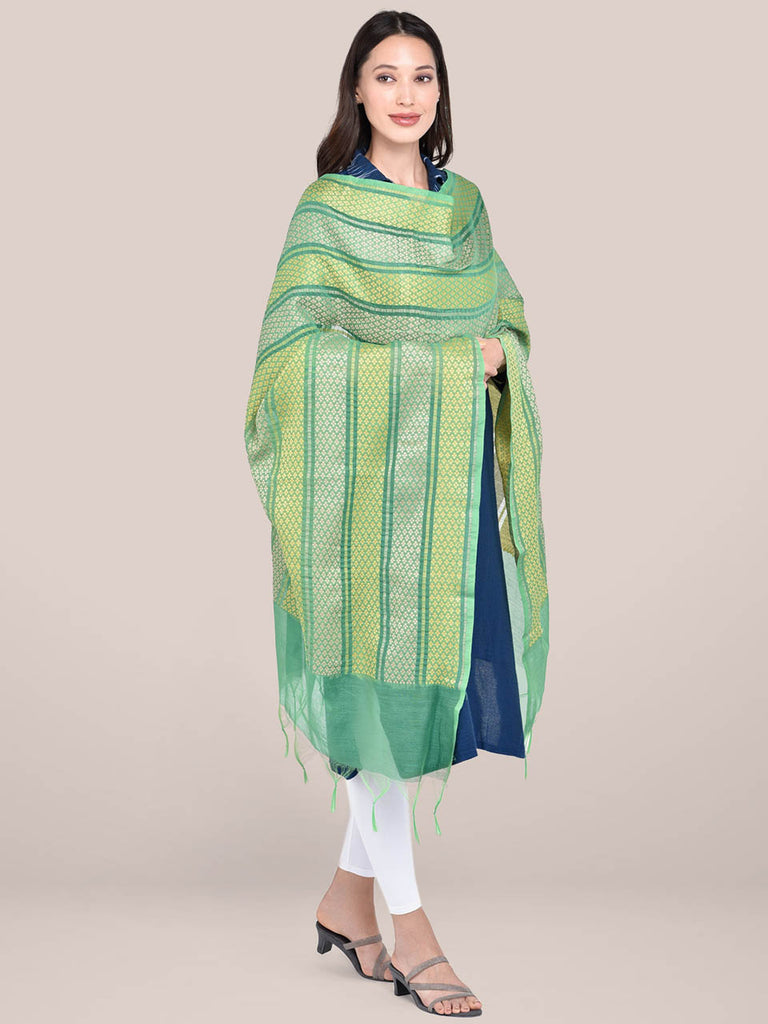Woven Green & Yellow Striped Cotton Chanderi Dupatta. freeshipping - Dupatta Bazaar