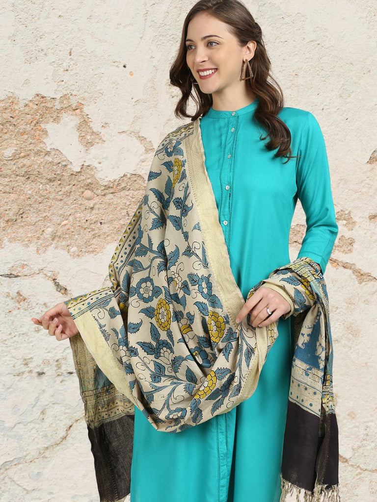 Kalamkari Mangalgiri Blue & Mustard Cotton Dupatta