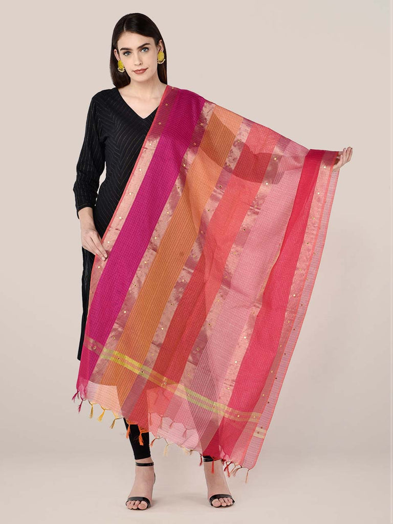 Striped Blended Silk Pink Multicolored Dupatta freeshipping - Dupatta Bazaar