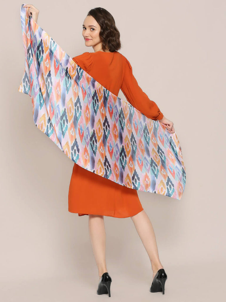 White & Multicoloured Printed Satin Scarf 