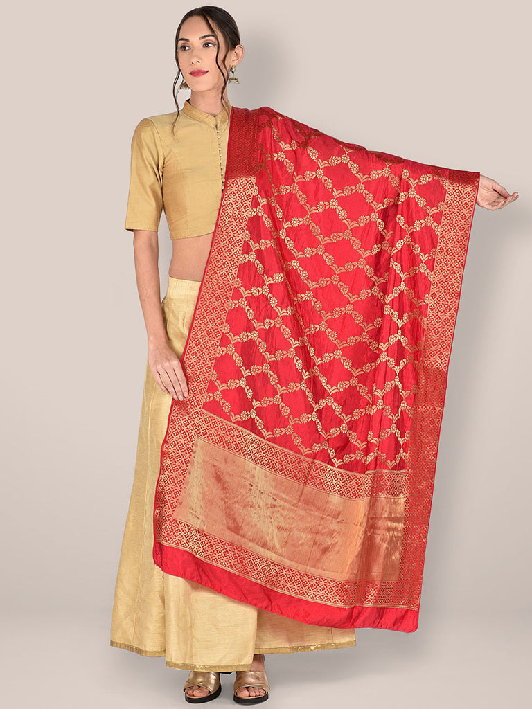 Red & Gold Banarasi Silk Dupatta. freeshipping - Dupatta Bazaar