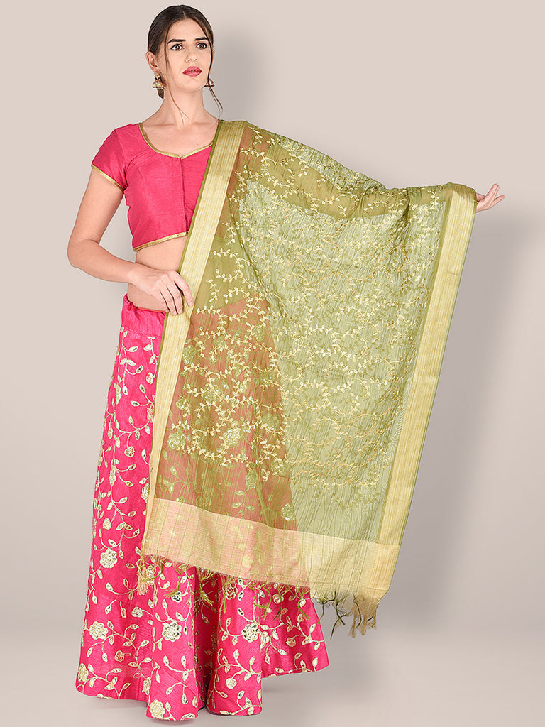 Embroidered Olive Green Blended Silk Dupatta. freeshipping - Dupatta Bazaar
