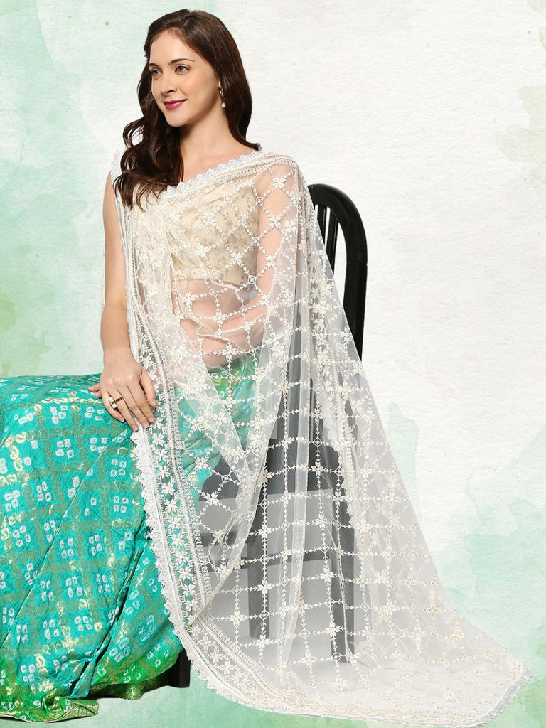 Floral Embroidered Off White & Gold Net Dupatta