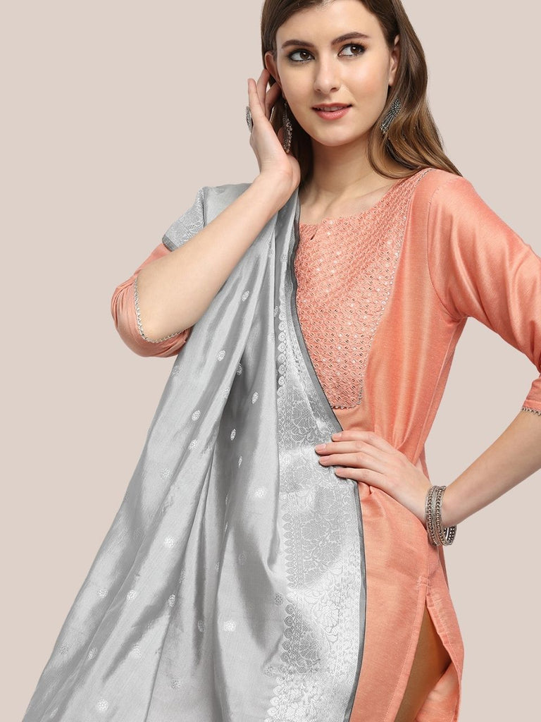 Silver Banarasi Silk Dupatta with Silver Border